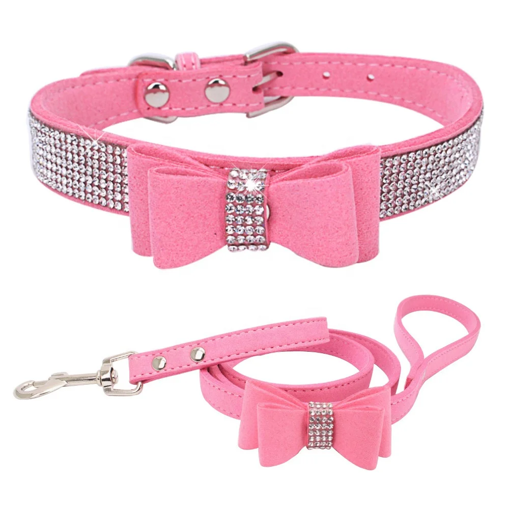 Sparkly Crystal Diamonds Studded Rhinestone Cute Double Bowknot Bling Dog Collar with Leash Set for Small Medium Large Dogs