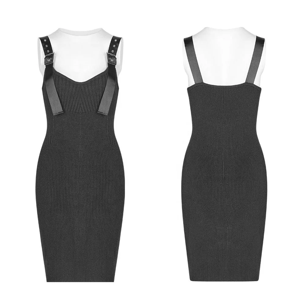 PUNK RAVE OPQ-451 Wool Sling Dress Black Gothic Dress Women Summer Sexy Strap Knitted Dress