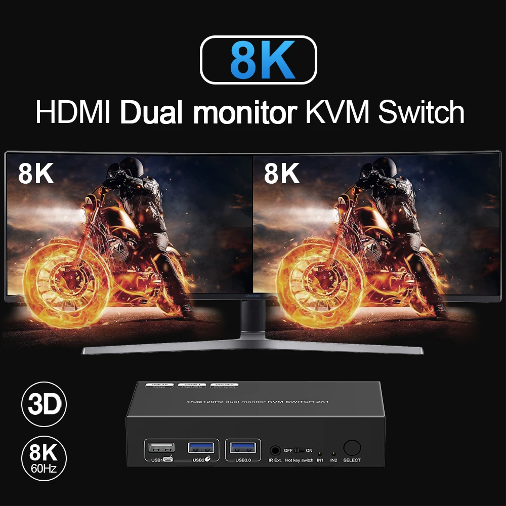 8K@60Hz 4K@120Hz HDMI USB 3.0 KVM Switch 2 Port Dual Monitor Extended Display hdmi Splitter Matrix  KVM Switcher