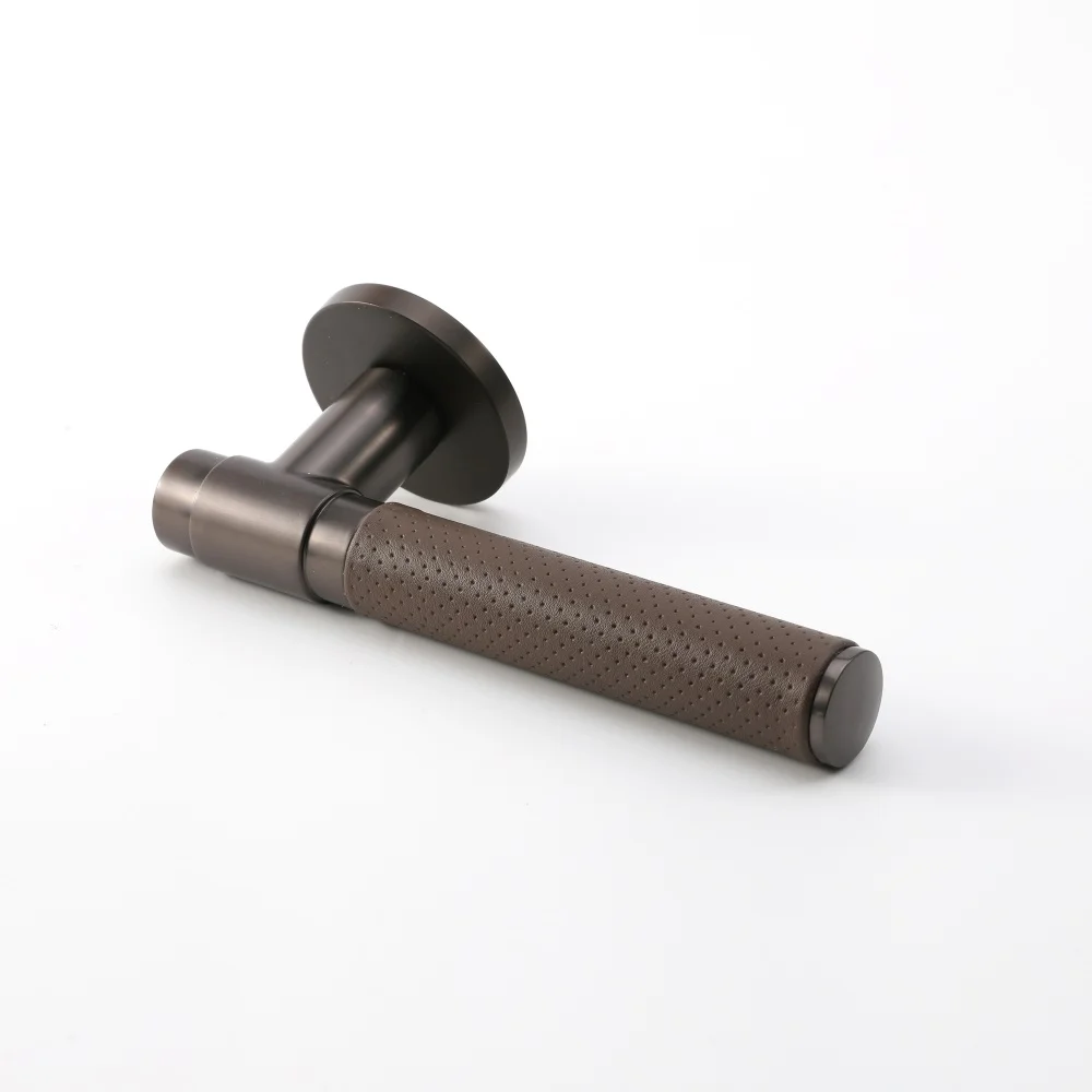 Maxery Coffee Lever Door Handle with Brown Leather Zinc Zamak Leather Door Handle Interior Door Hardware