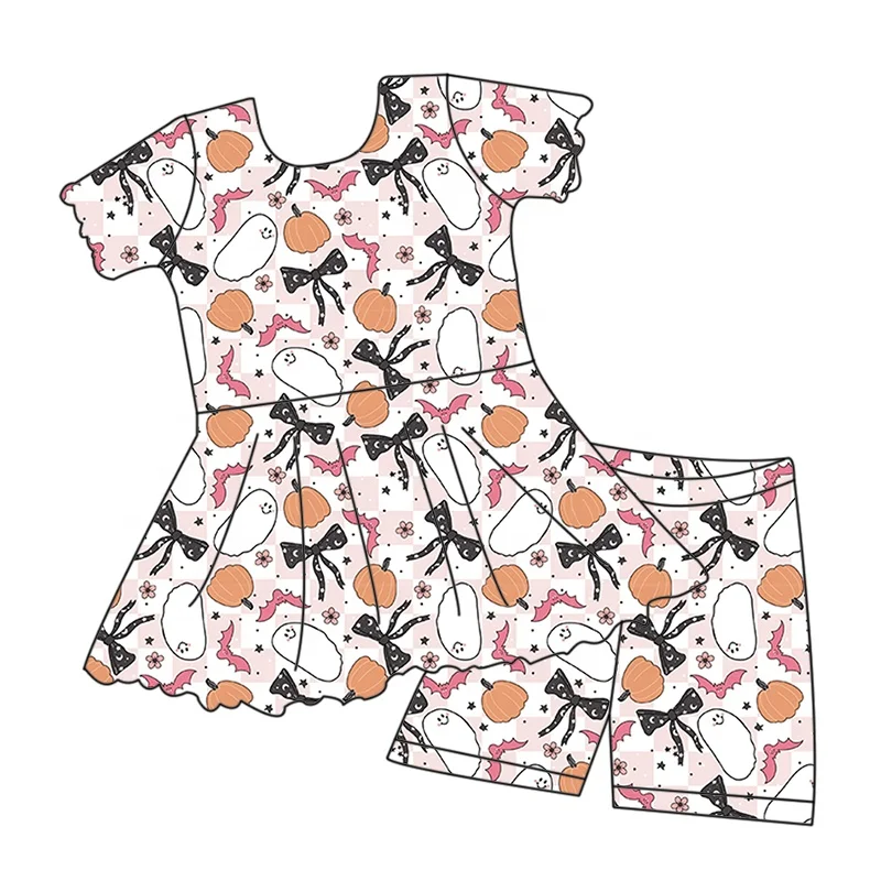 Beautiful girl summer bamboo fiber suit customized cartoon pattern short skirt pants two piece set for girl baby