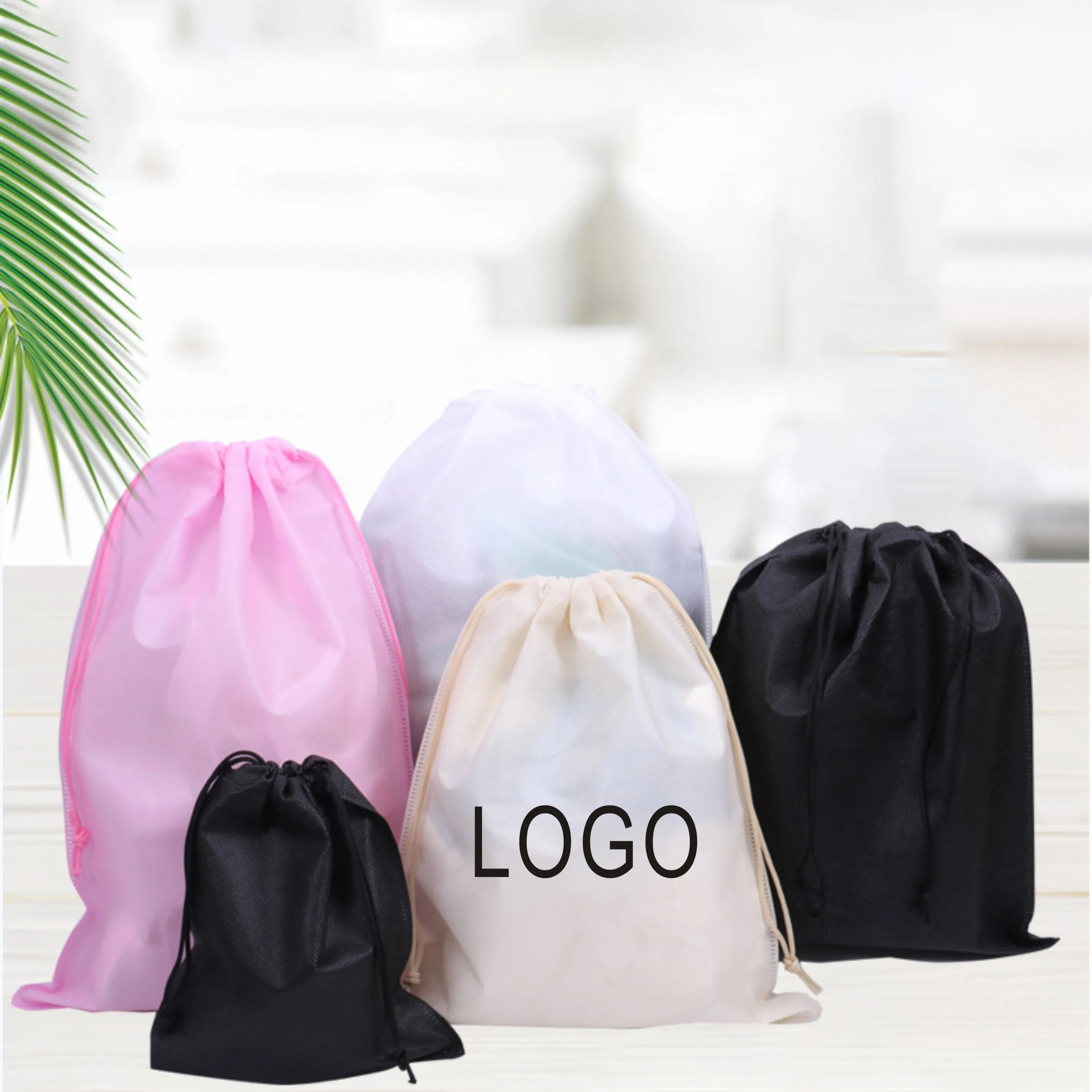 Custom logo Recyclable fabric dust bag white packing drawstring bag clothing shoe storage non woven drawstring dust bag