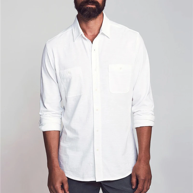 Wholesale Custom Men Long Sleeve Chest Pockets Button Front 100%Cotton Linen Beach Shirts in White