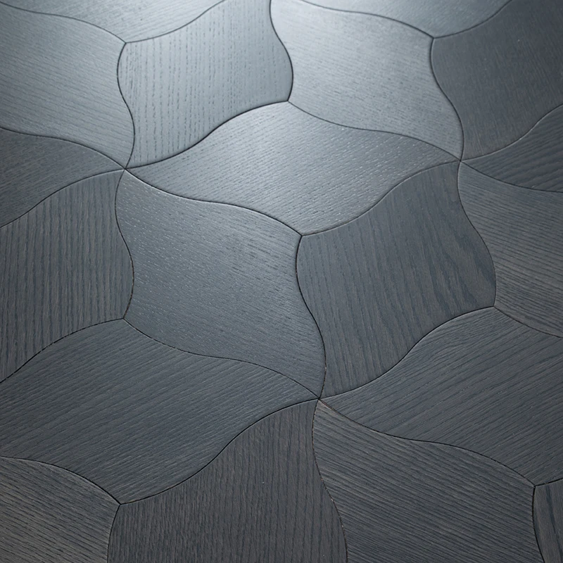 Dark Black Color Design Oak Wood Flooring  Curved Leaf Lotus Round Hexagon Woven Design Parquet Wood Flooring