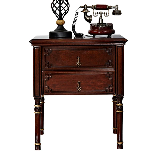 American Antique Style Wooden Bedside Table 2 Drawer Cabinet For Bedroom Furniture C367