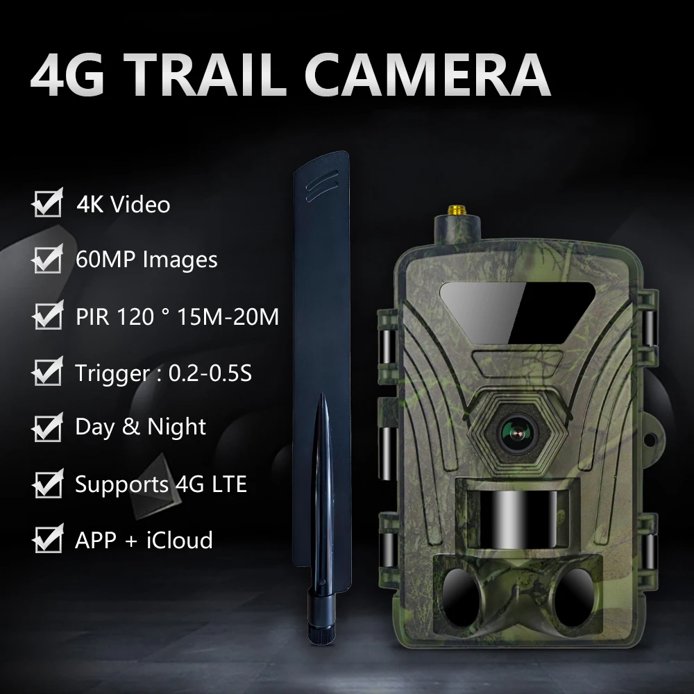APP ICloud 60MP 4K 120degree Wide lens LTE 4G Cellular Trail Camera