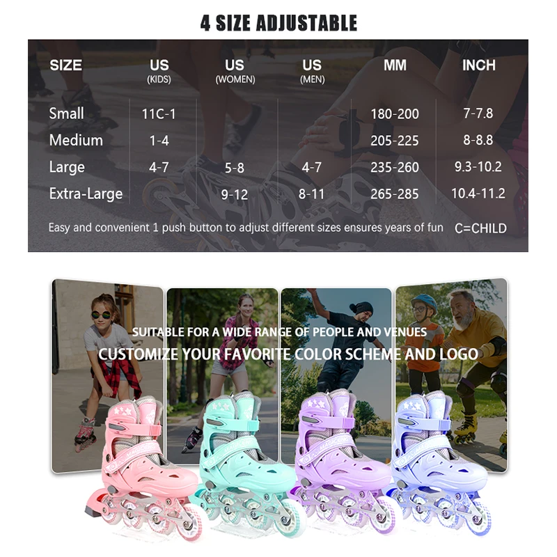Fashionable Adjustable 4-Wheel Flashing Roller Skates Adults Kids Custom Logo Factory Professional Inline Skates Outdoor Use