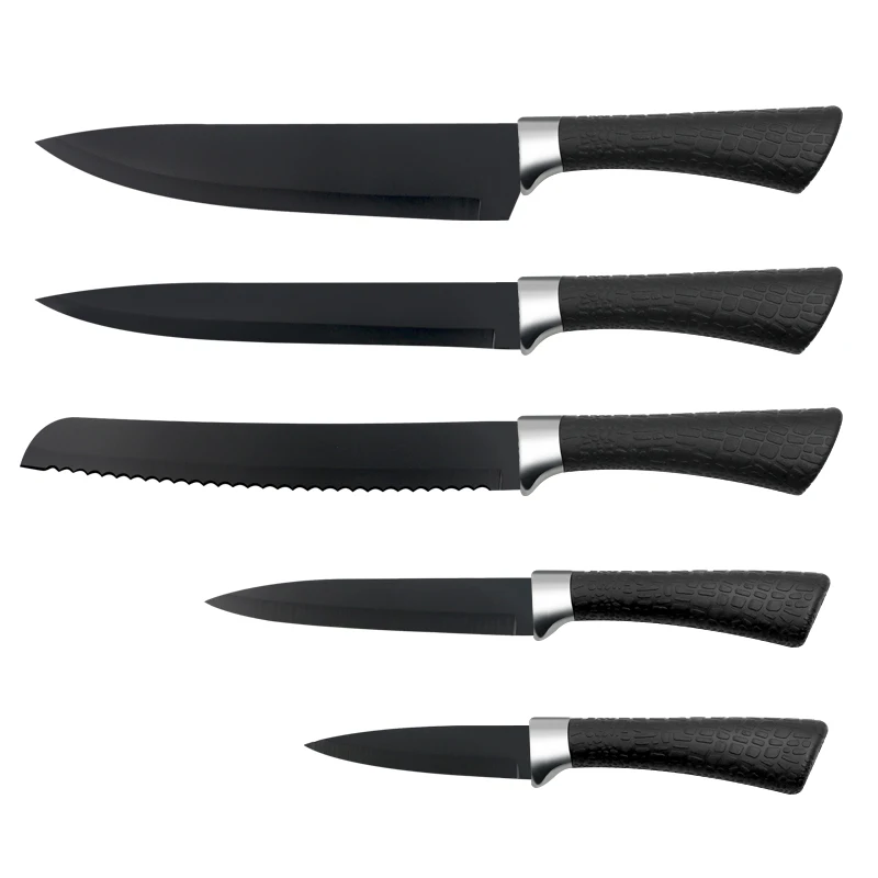 New Design 5 pcs Black Non-Stick Coating Kitchen Knife Set  Stainless Steel Chef Cleaver Fruit Knife