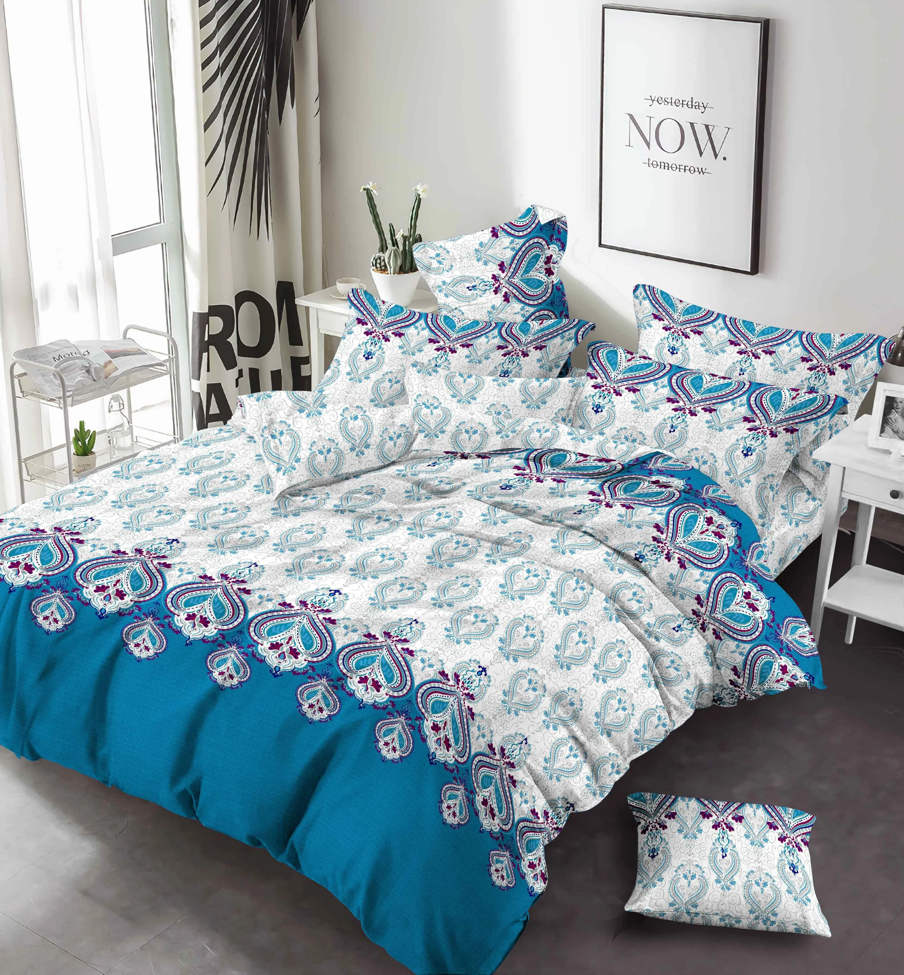 Blue flower geometric pattern print 100% polyester microfiber fabric for making bed sheets For Making Bed Sheets