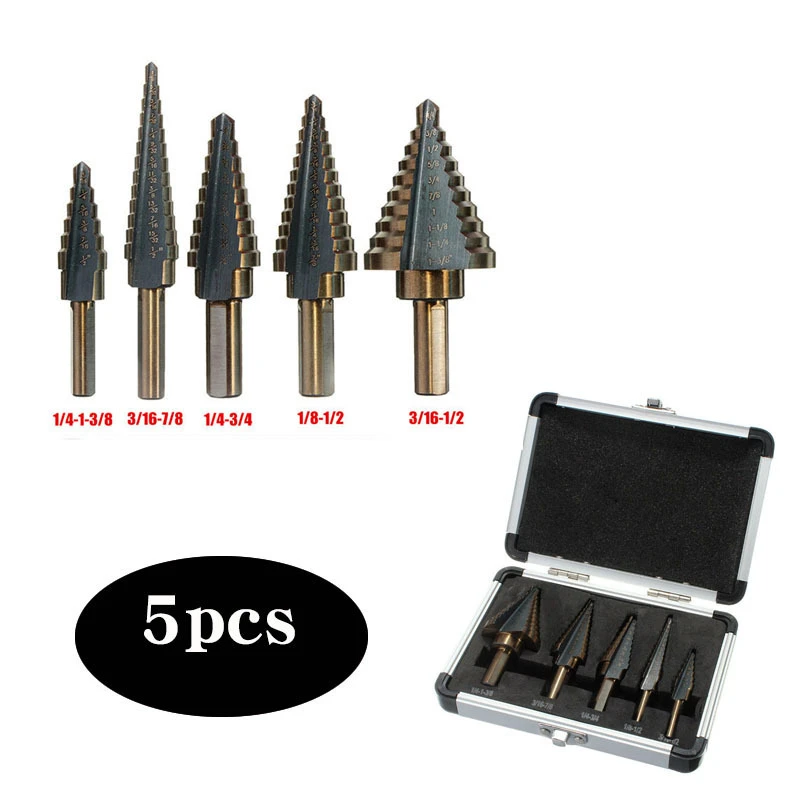 
High speed steel 5PCS inch size straight flute black and yellow step drill bit set with aluminum box for metal drilling 