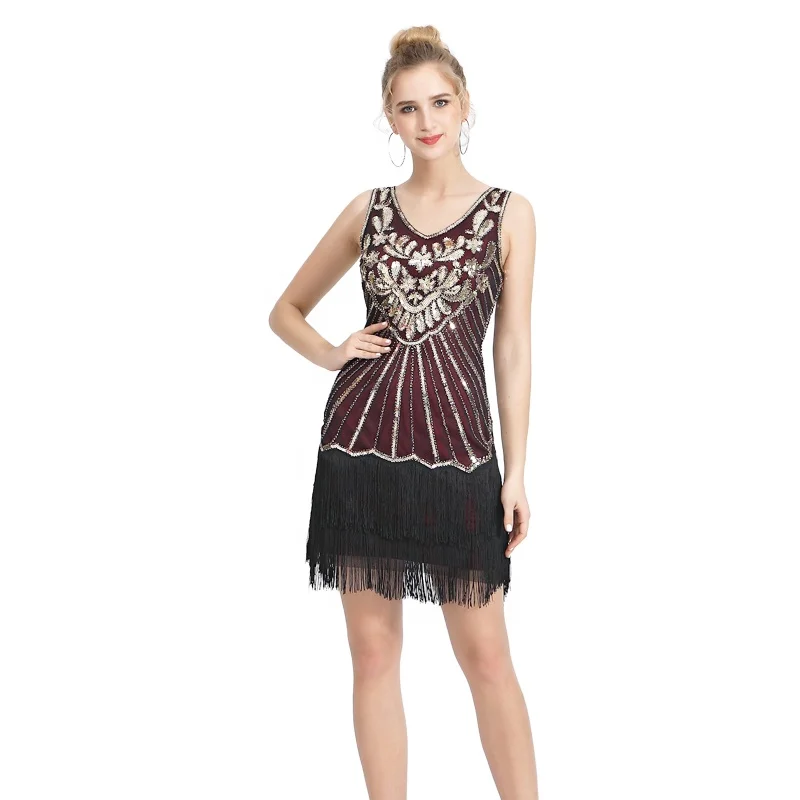 Factory Direct 1920s Vintage V-Neck Party Prom Dance Sequins Tassel Dresses Small Gowns for woman
