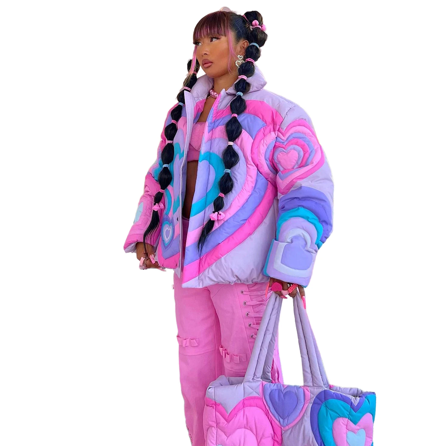 Winter fashion casual heart print women loose bubble jacket padded jacket puffer jacket