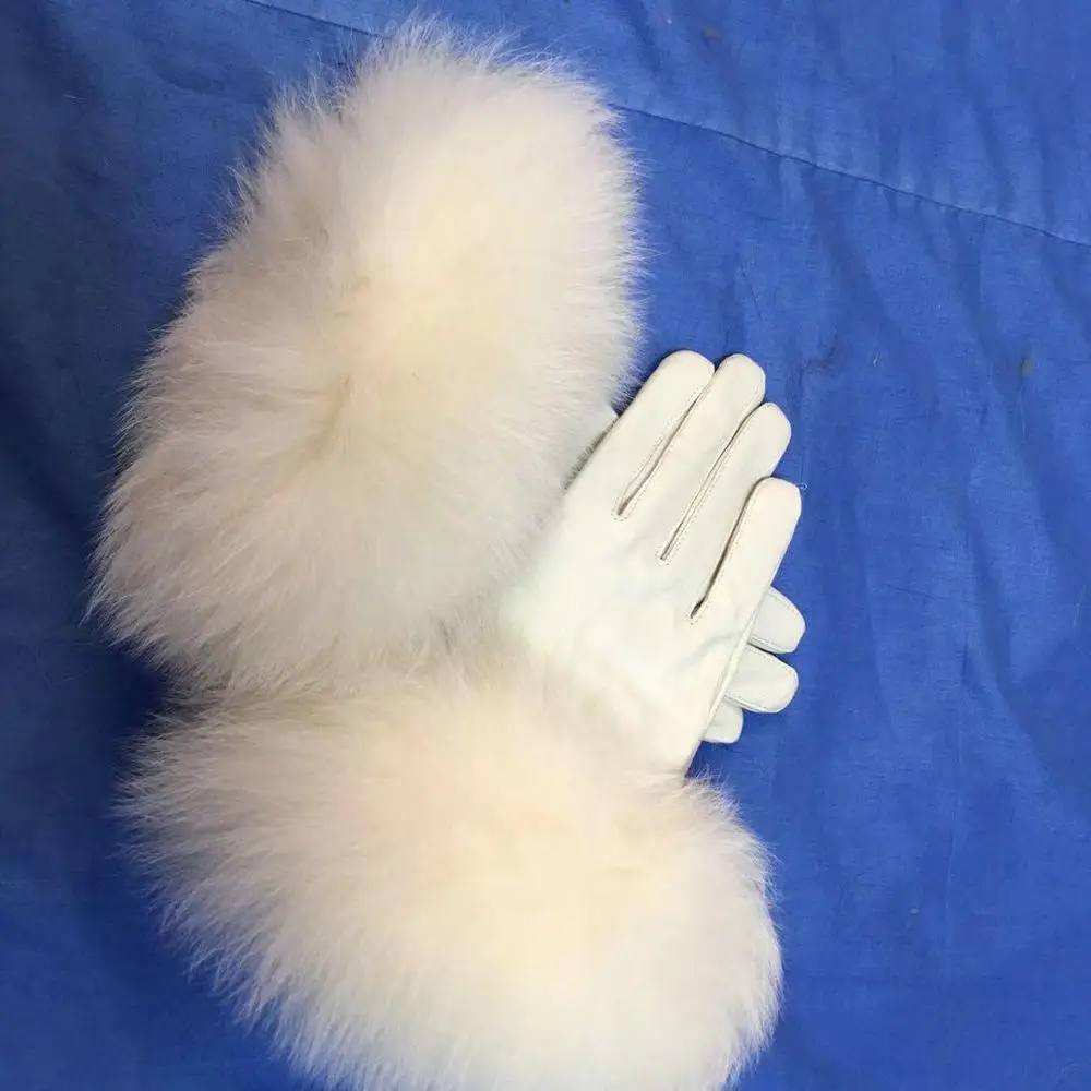 2019 muticolorsuede  real sheep skin leather glove real  fox fur trim