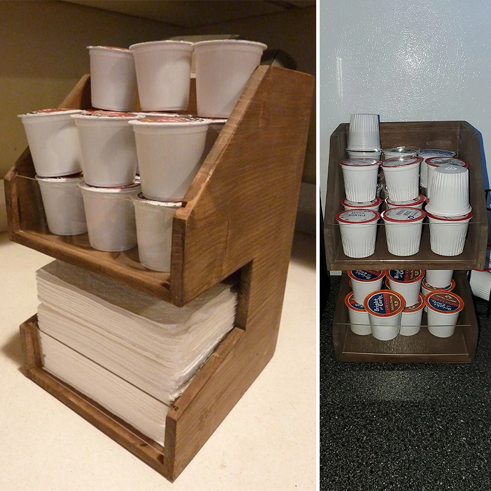 Rustic Wood Coffee Pod Holder Wooden Coffee Condiment Organizer Beverage Tea Bag Holder