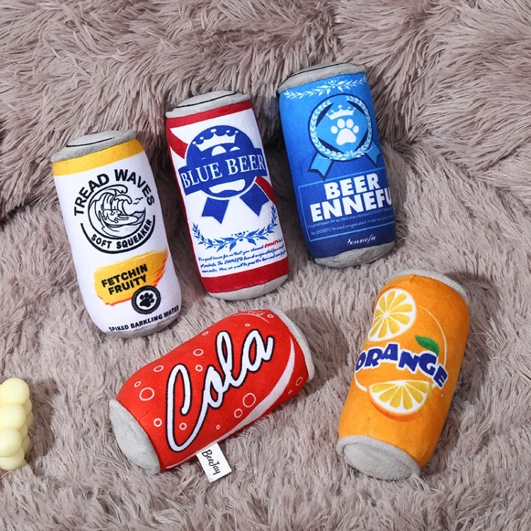 Custom New Design Soda Can Series Stuffed Squeaky Dog Toys Plush Pet Squeak Alcohol Toys for Dogs