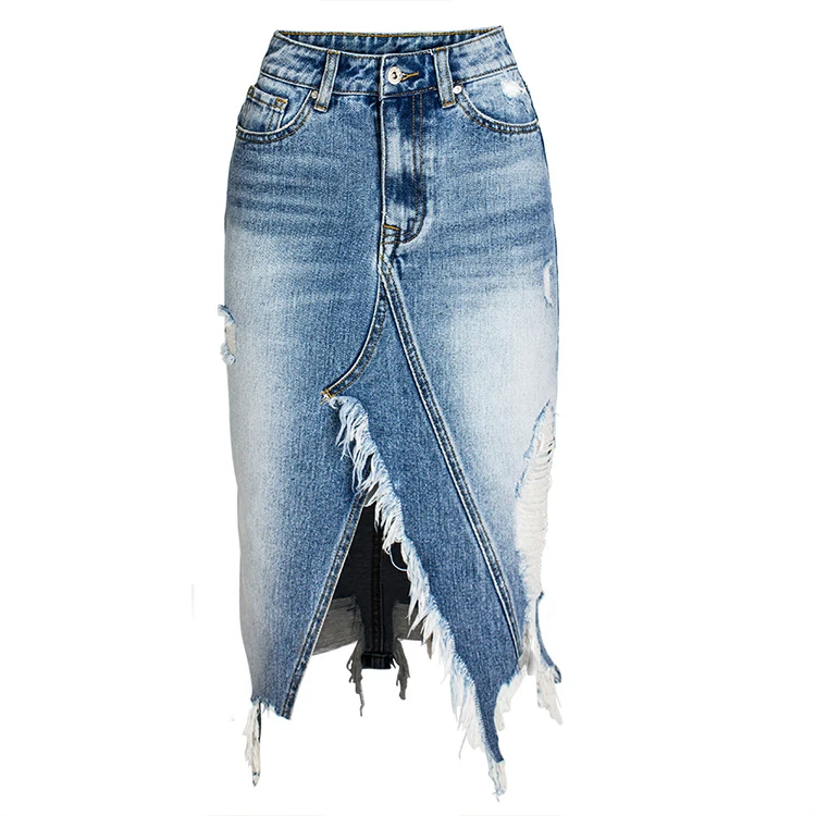 Fashion Irregular Tassel Distressed Hip Skirt Mid Length Denim Skirt For Women
