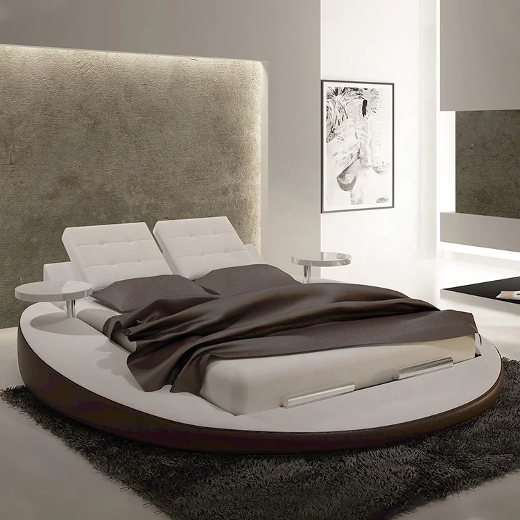Modern bedroom furniture set for villa luxury design wooden bed round shape genuine leather big size bed set