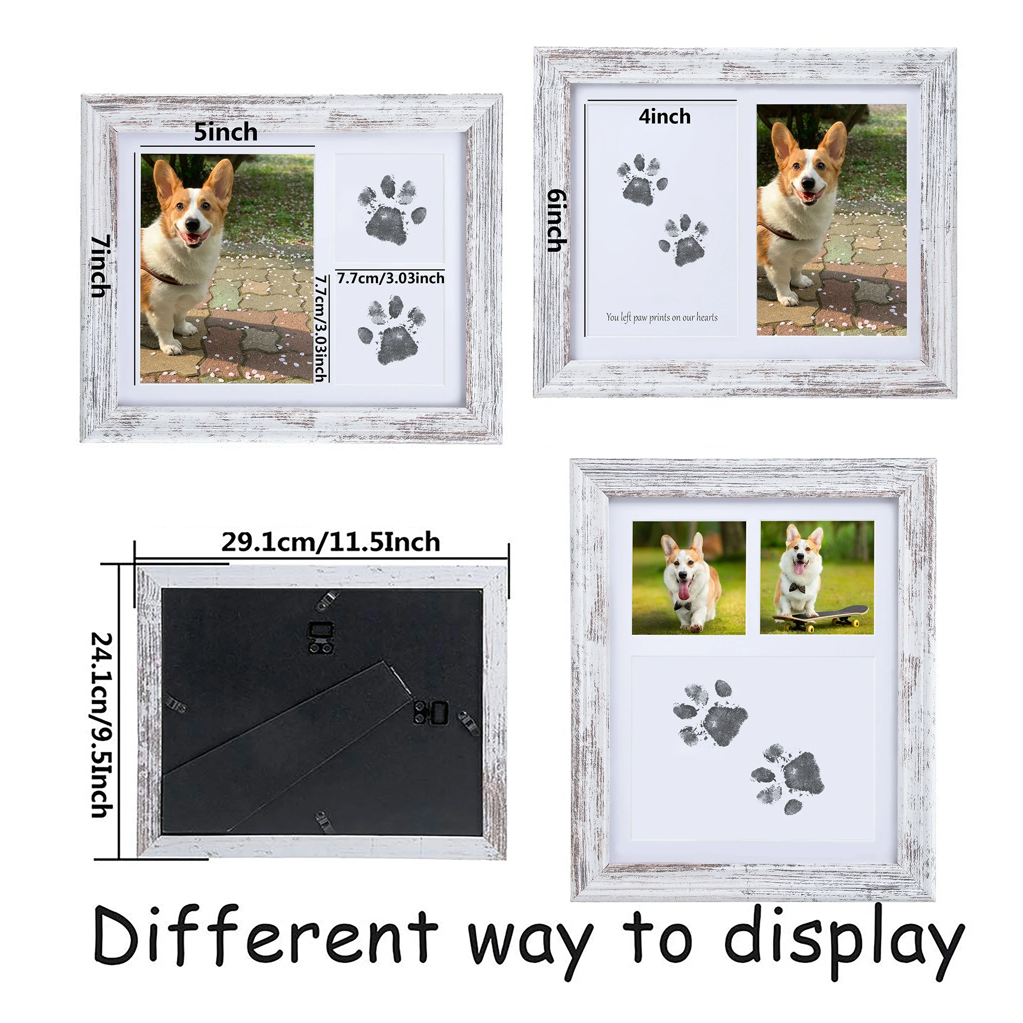 Dog Paw Print Frame Kit Distressed White Rustic Style Pet Paw Print Picture Frame No Mess Ink Pad for Dogs and Cats