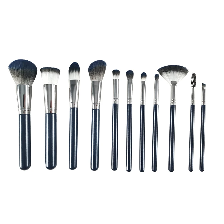 LOW MOQ Wholesale New Itembeauty Makeup Spoolie Foundation 12Pcs Dark Blue Wood Handle Beauty Tool Makeup Brush Set