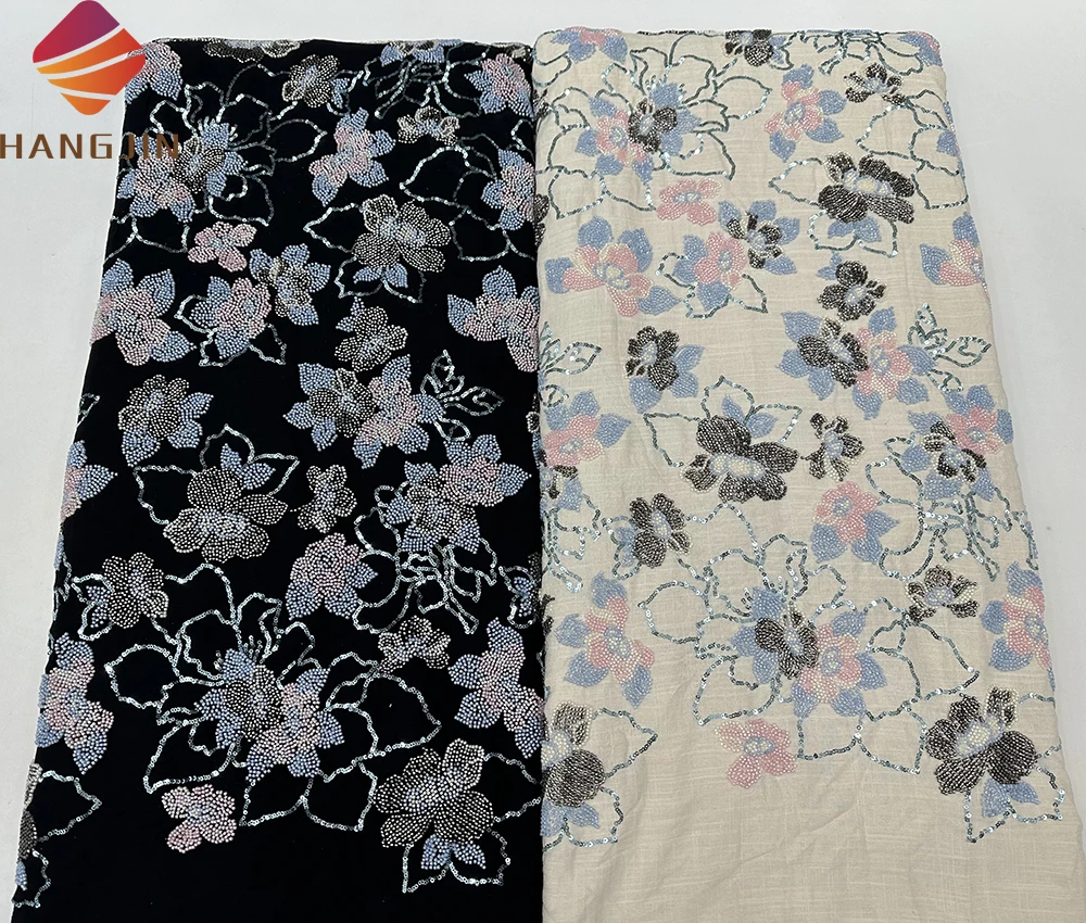 Black Heavy Beaded Lace Fabric With Sequin Luxury 3D Flower Lace Fabric Embroidery Cotton Lace Fabric For Women Party Dress
