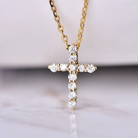 18K Solid Gold Real Diamond Cross Pendant Gold Necklace for Women