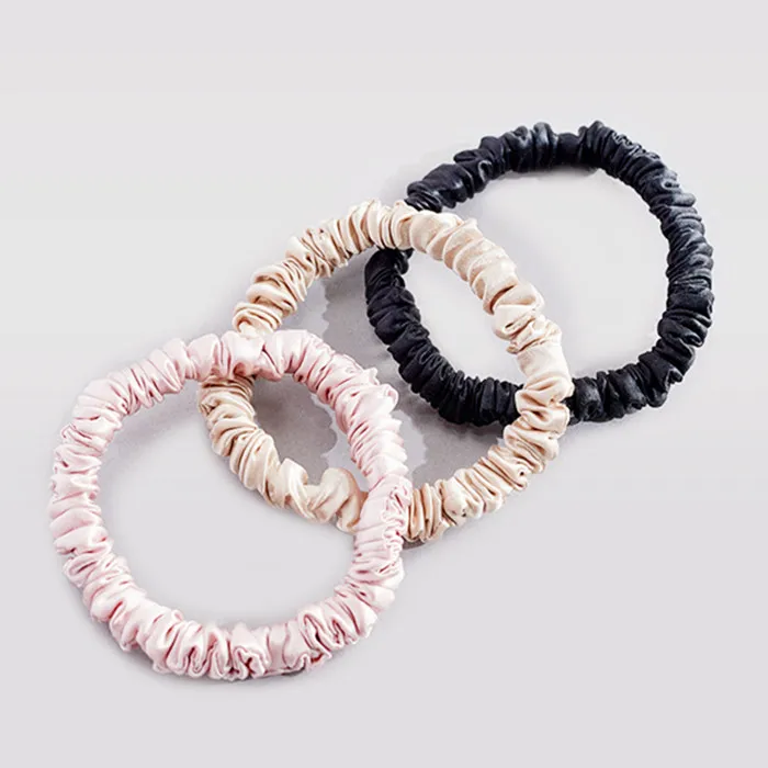 Custom log tag 100%  Silk Hair Ties Elastic Silk Scrunchies Luxury silk skinny scrunchies with 6A grade