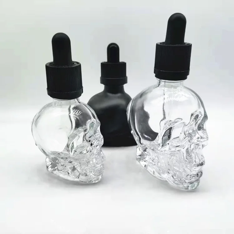 30ml 60ml 120ml Matte Black Skull Shape Glass Bottle Essential Oil Glass Dropper Bottle With Childproof Cap