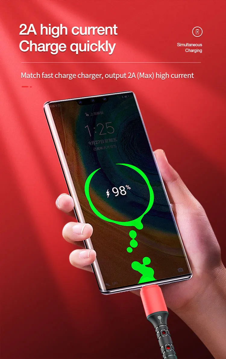 
led light Data Line 3 in 1 Cable For Android Type-c Mobile Phone Usb One Dragging Three Cord 1.2M 