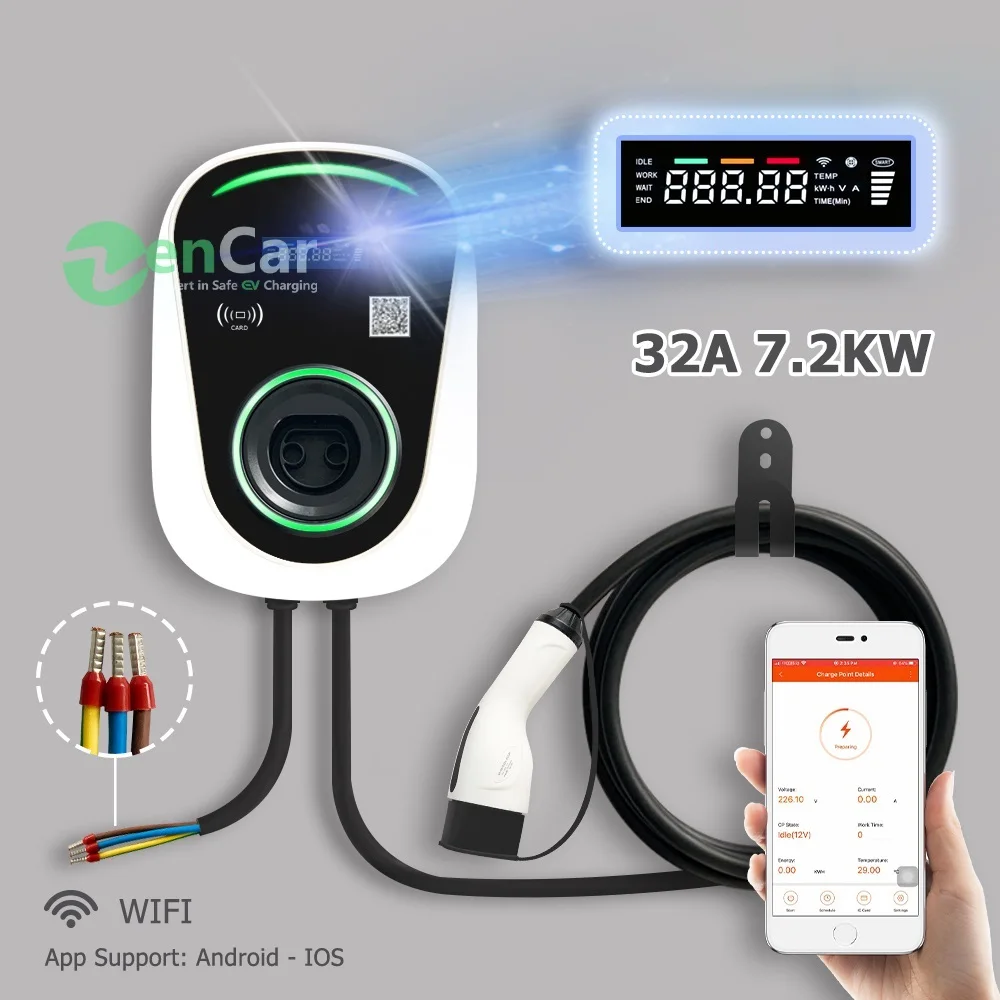 Wi-Fi Zencar 32A wallbox кВт ev зарядная станция с IEC62196 разъемами типа 2 ac, автомобильная зарядная станция с управлением через приложение