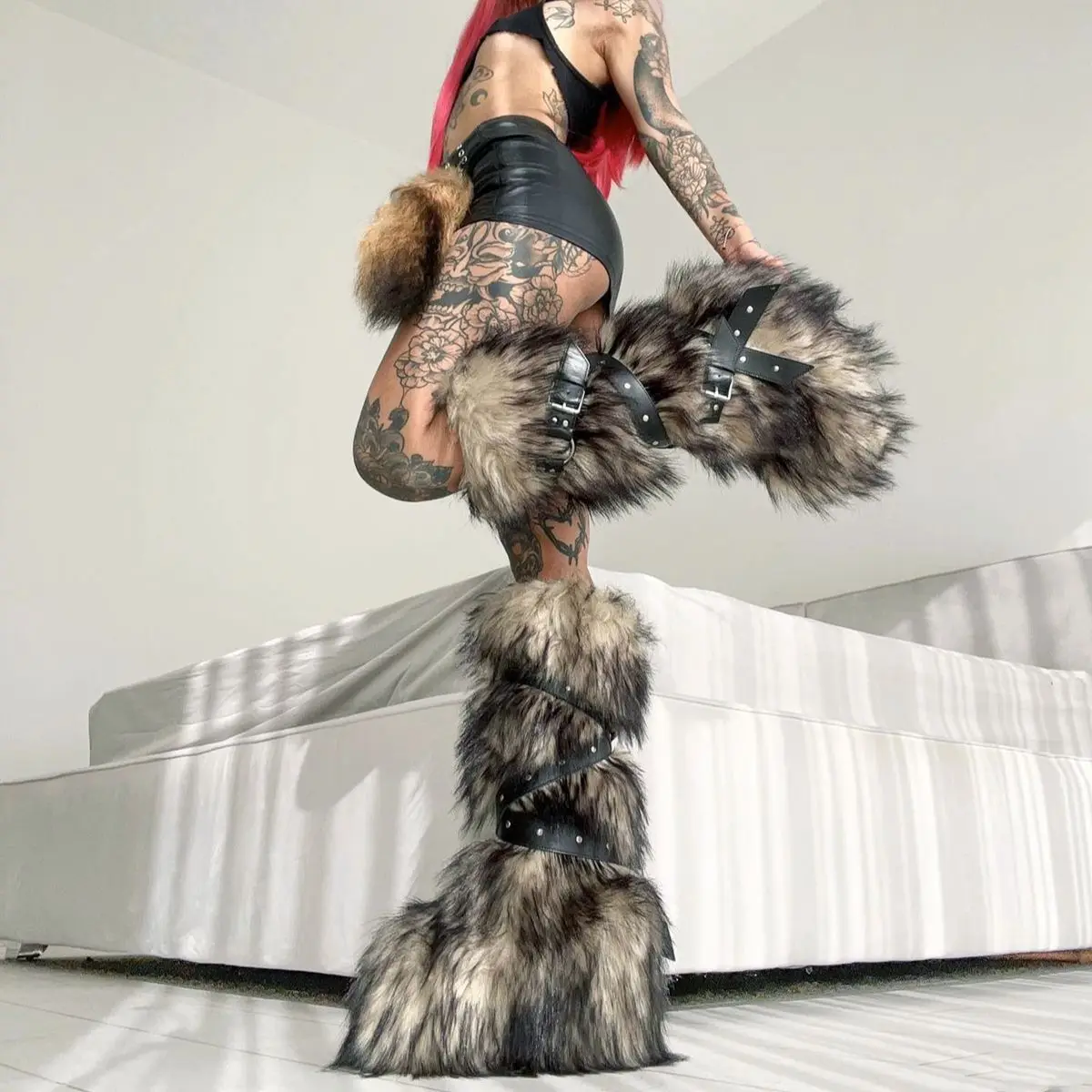 BUSY GIRL RS4804 furry boots for women gothic punk studded buckle belt flat Y2kladies high boots knee high faux fur boots