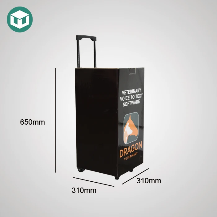 Recyclable Exhibiting Cardboard Trolley Box Cheapest Movable Cardboard Retail Suitcase Advertising Box