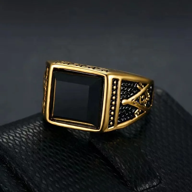Hot Selling 316 Stainless Steel Jewellery Vintage Black Onyx AG Freemason Rings for Men