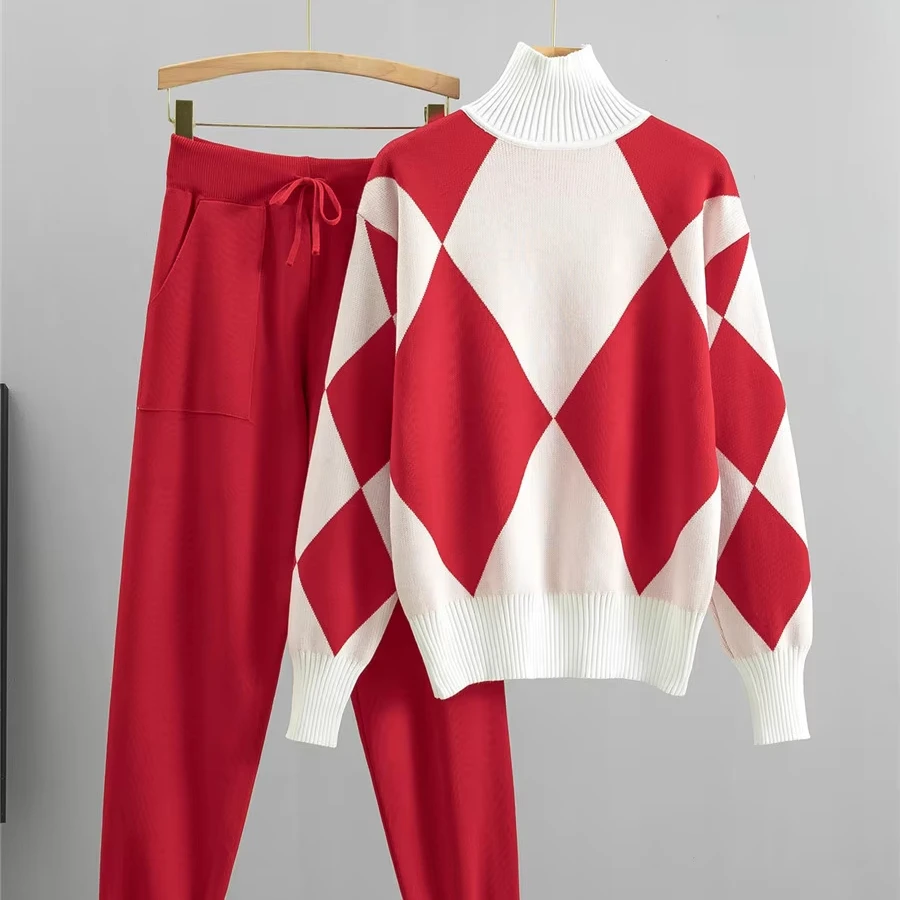Dropshipping Wholesale High Quality Spring Thick Elastic Stand Collar Diamond Sweat Suit 2 Piece Knit Pant Sets Womens Clothing