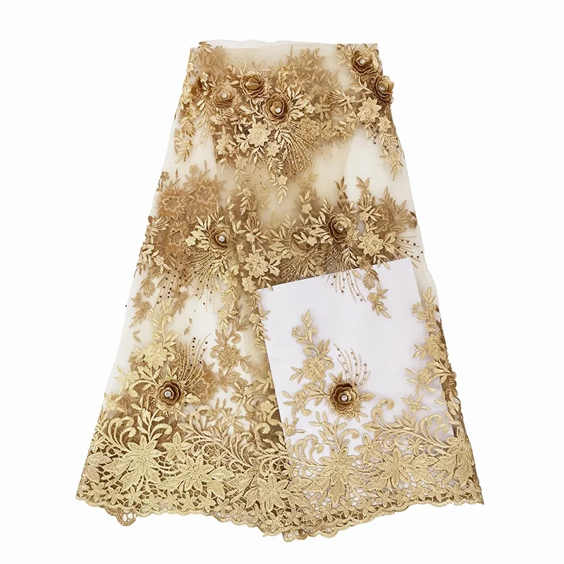 luxury materials high quality gold french 3d flower lace embroidered  fabric