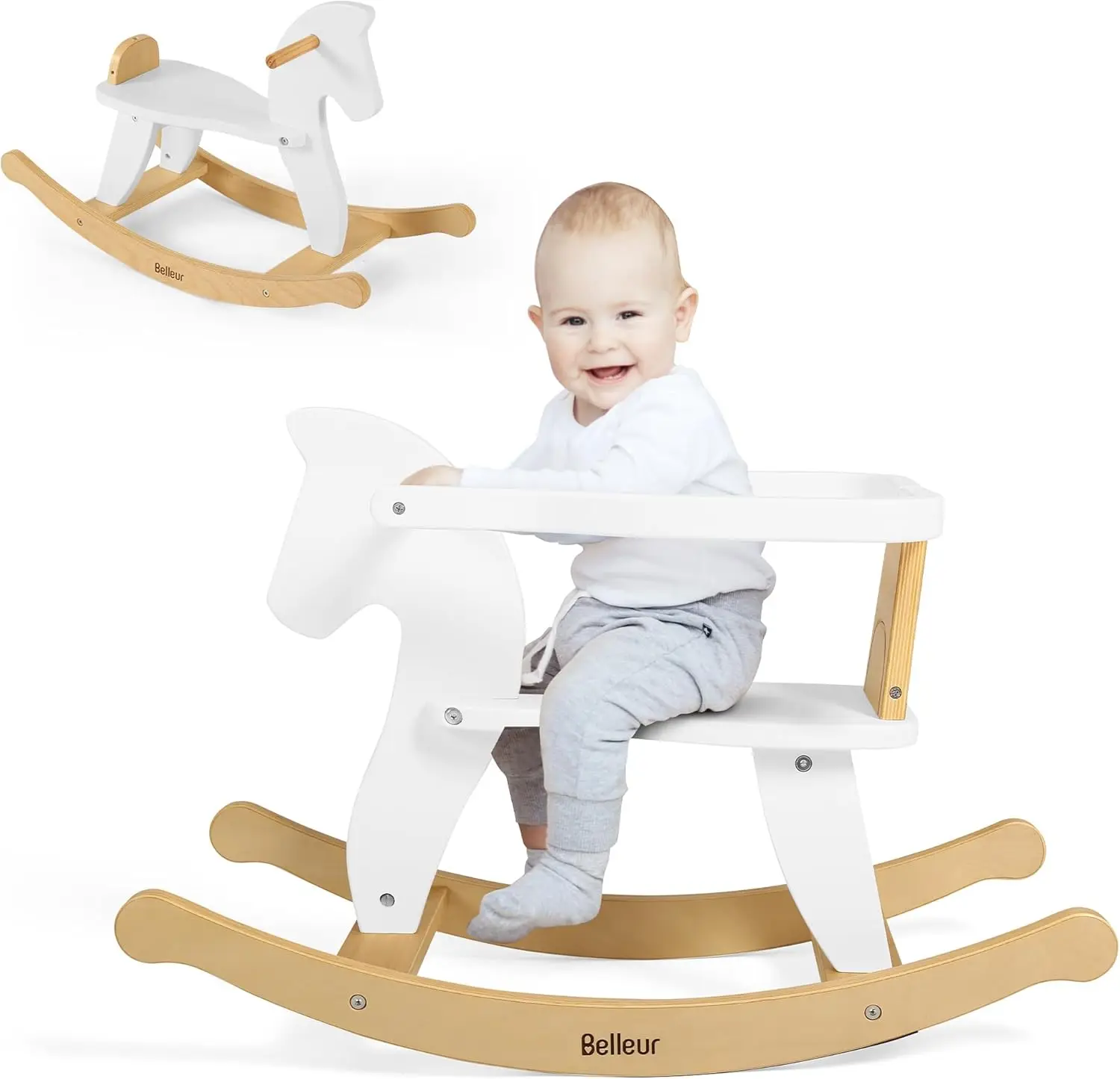 YOOMILY Wooden Rocking Horse for Toddler 1-3 Year Old, Baby Wood Ride-on Toys with Removable Fence