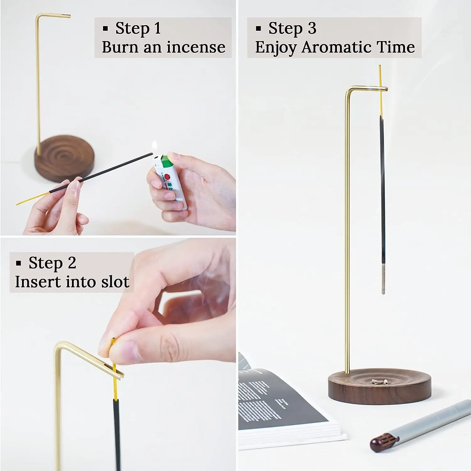 Wooden Incense Holder Multi-purpose Design Women Incense Burner Ash Catcher Incense Stick Holder with Brass Minimalist Wood