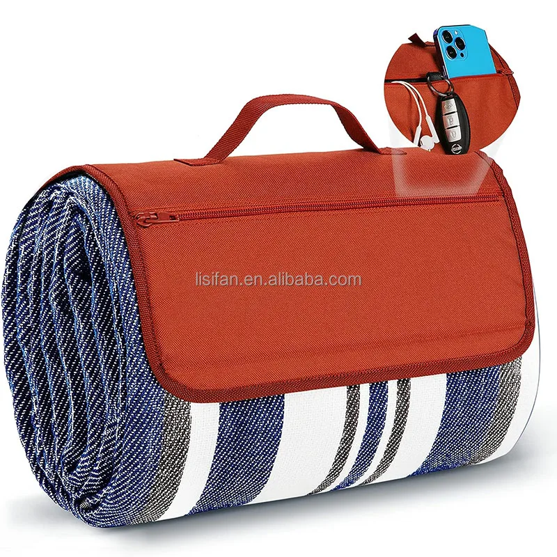 Custom Outdoor Striped Beach Mats Foldable Sand Free Waterproof Picnic Blanket for Family Travel Camping