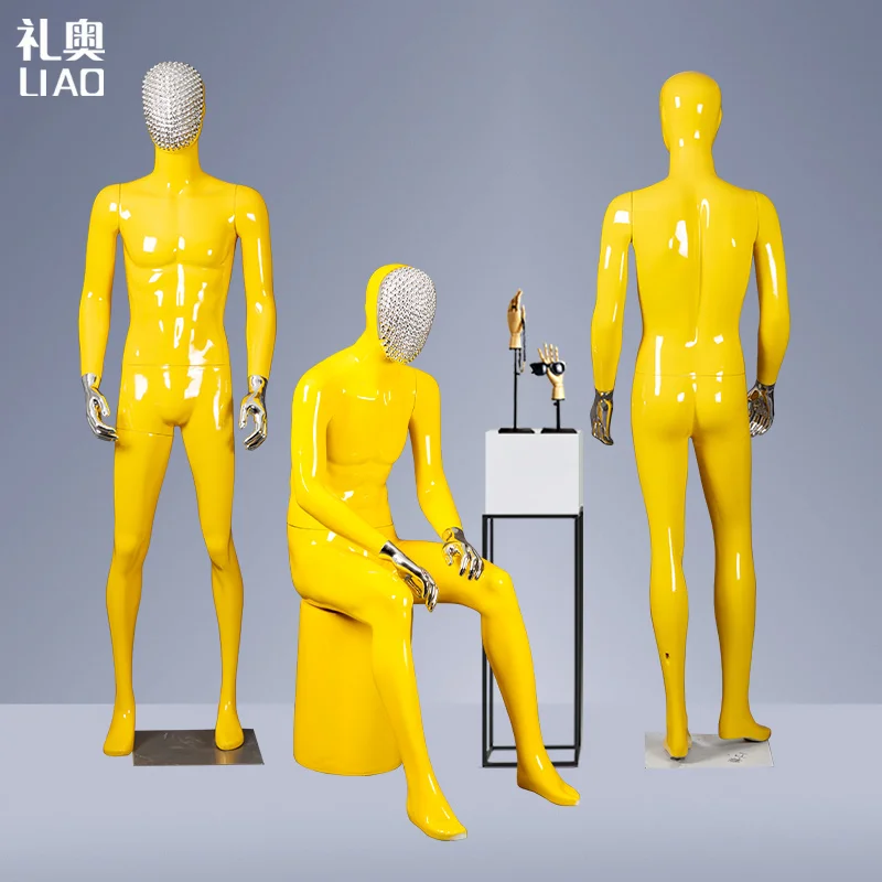 Fiberglass full body man size Red yellow change chrome face chrome Hands abstract attractive male dummy business suit display ma