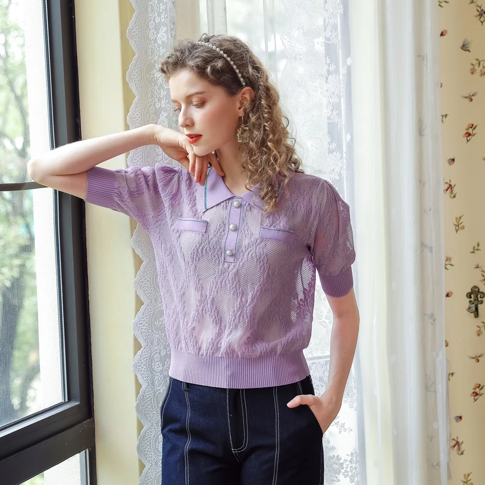 Womens Short Sleeve Knitted Blouse Mesh Baggy Casual Purple Contrast Turndown Colla Pullover Tops