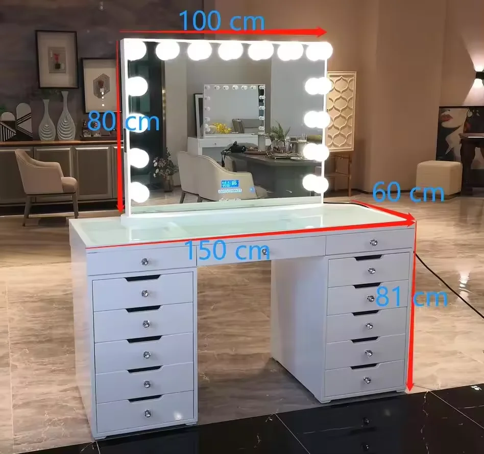Latest Arrival Durable OEM House Hold 13 Drawers Cheapest Makeup Station Vanity Table With Lighted Mirror