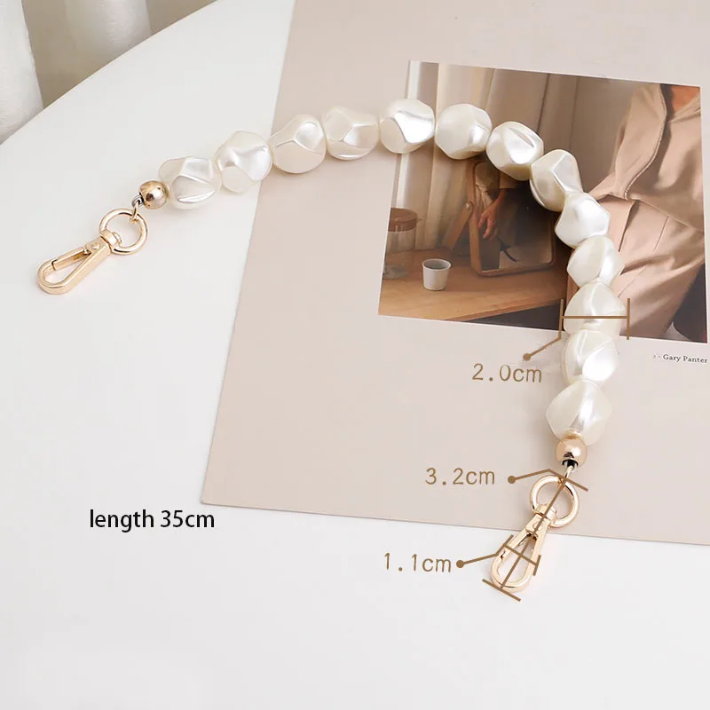 Hand-made women ladies white imitation pearl chain bag strap beaded handle