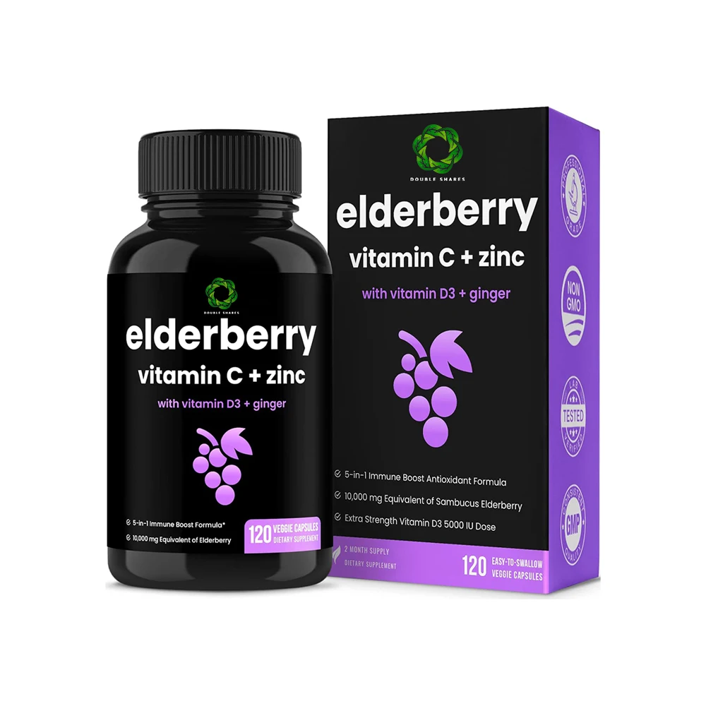 Hot Sales Elderberry Capsules Sambucus Elderberry With Zinc and Vitamin C For Adults + Vitamin D3 5000 IU & Ginger For Health