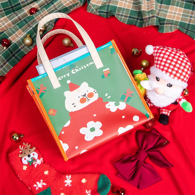 Merry Christmas Design Gift Packaging Reusable Tote Candy Bag Large PVC Grocery Shopping Bag With Handle