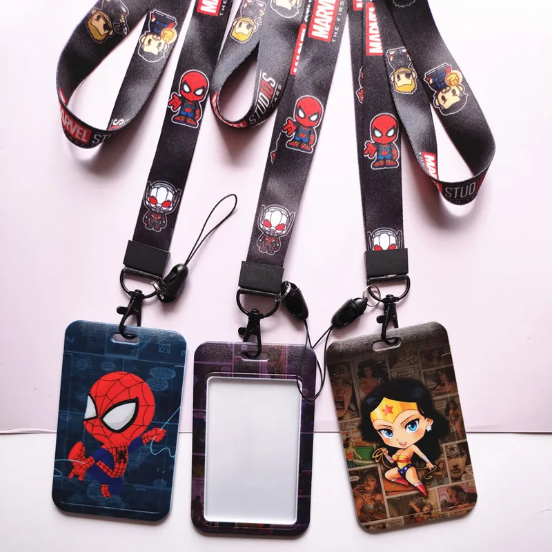 Cool Cartoon Marvel Iron Man Spider-man Bat Man Card Hard Case With Pendant Anti-lost Strap Lanyards Id Bus Badge Cards Cover