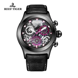 Reef Tiger Mens Sport Watches with Chronograph Skeleton Dial Date Three Counters Luminous Steel Watch RGA792