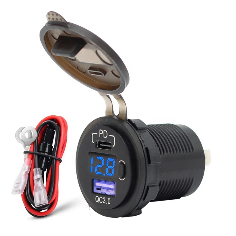 Waterproof Marine Boat USB Charger 12V Dual USB C PD3.0 Type C QC3.0 Car Charger Socket Power Outlet With LED Voltmeter Switch