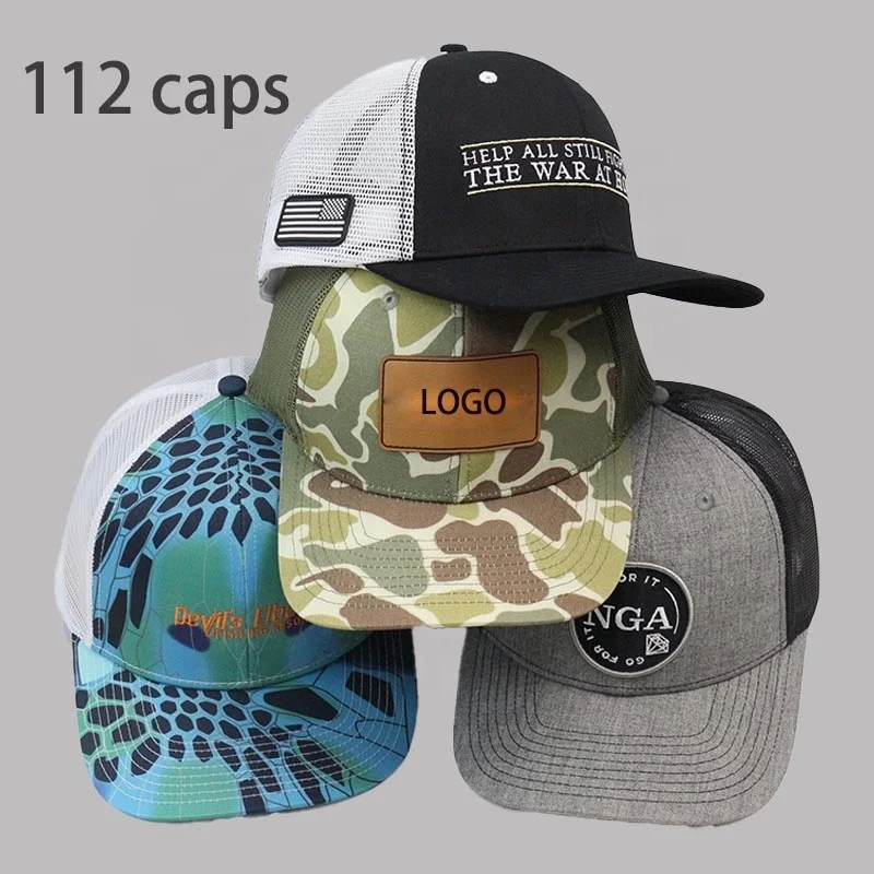 HN11 Blank Custom Embroidered Leather Patch Hat 112 Style 6 Panel Pre-curve Good Quality Soild Camo Snapback 112 Trucker Hat Cap