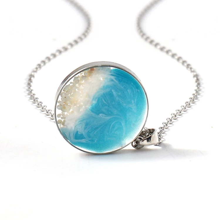 Handmade Round Ocean Resin Necklace Jewelry Wave Pendant Necklace with Stainless Steel Link Chain