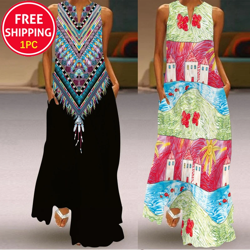 2022 Fashion Printed Flowers Sleeveless Casual Dress Maxi Sundress Ladies Elegant Party Vintage Floor Long Dresses