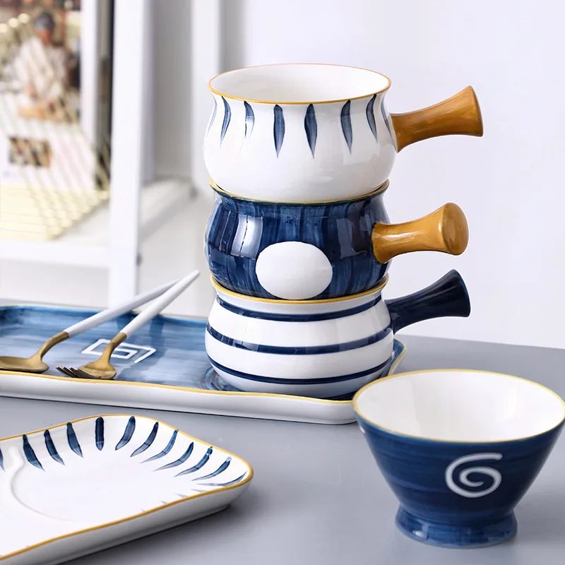 Japanese breakfast tableware set creative household baked rice salad handle baking bowl ceramic pasta bowl plate combination